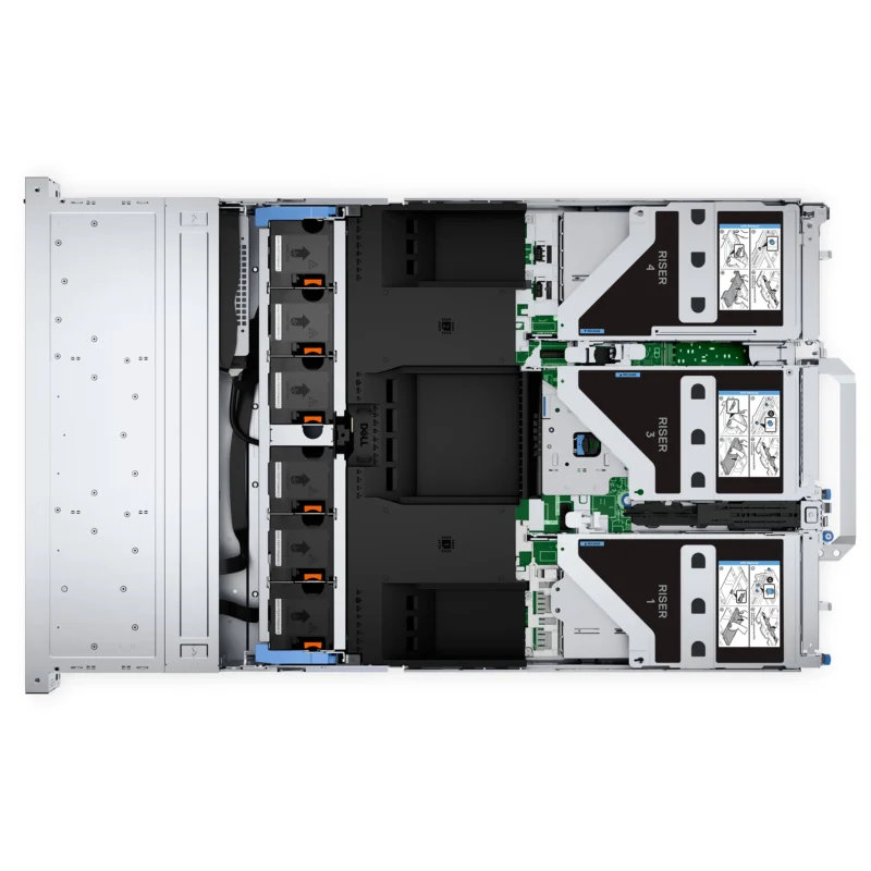 A top-down view of the interior of a Dell PowerEdge R760 server chassis showing circuit boards, RAM slots, power supplies, and labeled components.