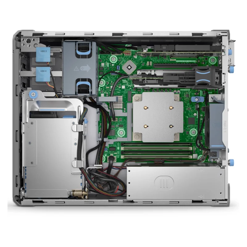 A top-down view of the interior of a Dell PowerEdge T160 server chassis showing circuit boards, RAM slots, power supplies, and labeled components.